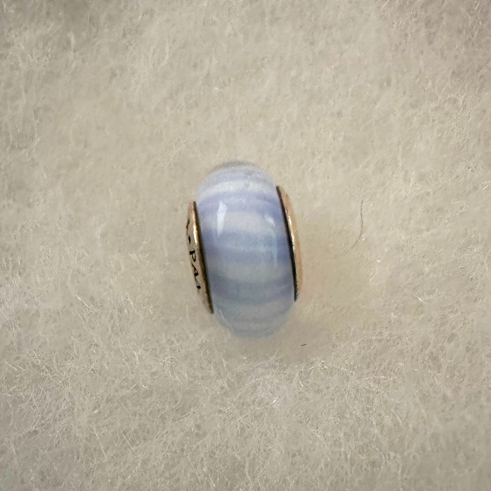 White/Light Blue Striped Retired Murano Glass/Sterling Silver Pandora charm